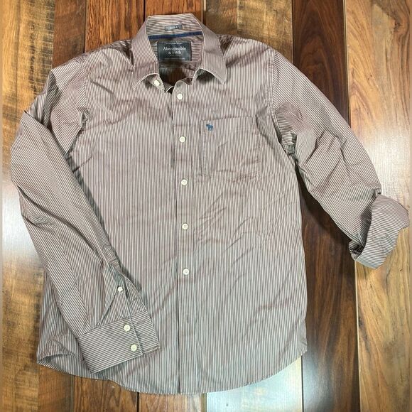 Men’s Muscle Fit Abercrombie & Fitch Brown Stripped Shirt, size Large - Picture 2 of 4
